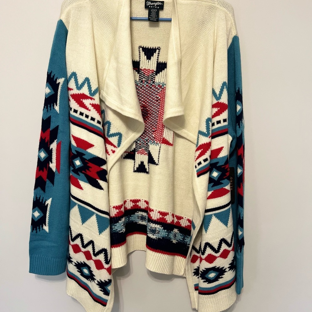Cream and Blue/Red Cardigan Sweater with Geometric Patterns